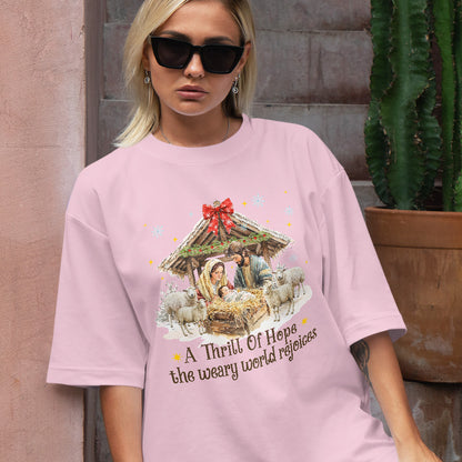 Teesdily | Nativity Scene Christmas Coquette Jesus Shirt, A Thrill Of Hope Sweatshirt, Christmas Nativity Hoodie Mug Religious Gift