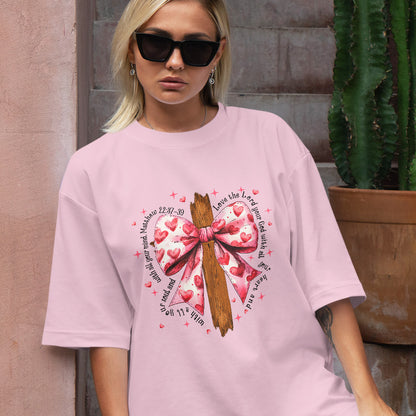 Teesdily | Jesus Cross Bow Shirt, Pink Bow Coquette Valentine Sweatshirt, Love The Lord Your God With All Your Heart Hoodie Mug