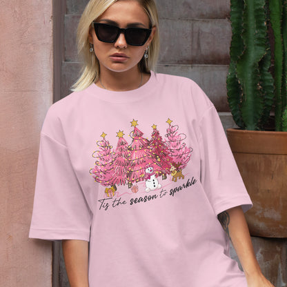 Teesdily | Pink Christmas Tree Snowman Christmas Shirt, Tis The Season To Sparkle Tee Sweatshirt Hoodie Mug, Christmas Gift