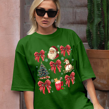 Teesdily | Christmas Coquette Bow Santa Shirt, Christmas Tree Snowman Mug Sweatshirt Hoodie, Retro Merry Bright Tee