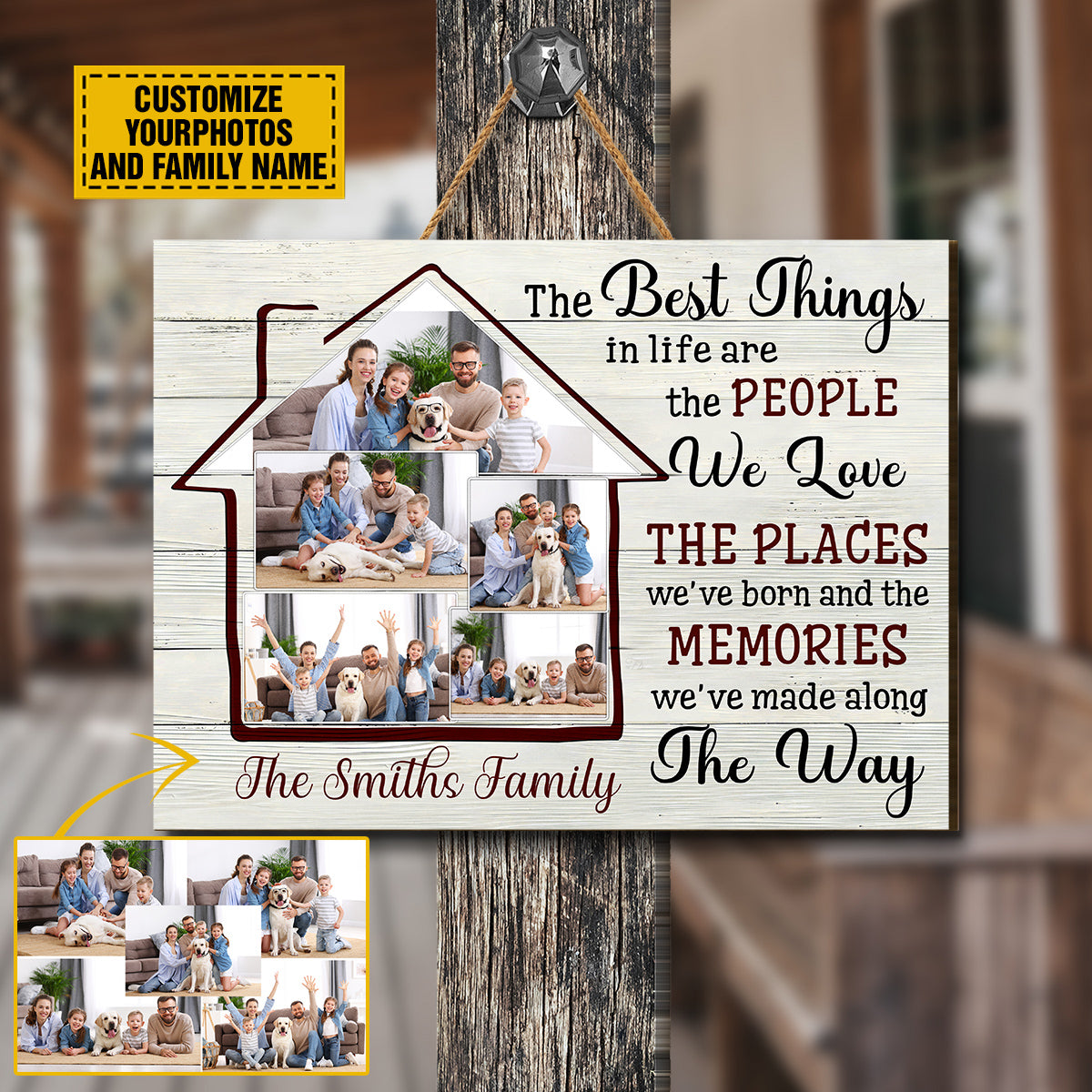 Teesdily | Customized Family Photo Wood Sign The Best Things In Life Are The Memories We've Made Along The Way Family Door Hanger Sign Home Decor