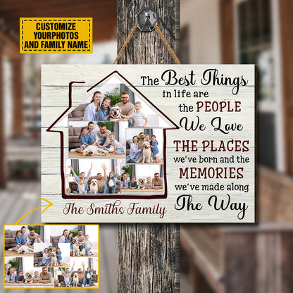 Teesdily | Customized Family Photo Wood Sign The Best Things In Life Are The Memories We've Made Along The Way Family Door Hanger Sign Home Decor