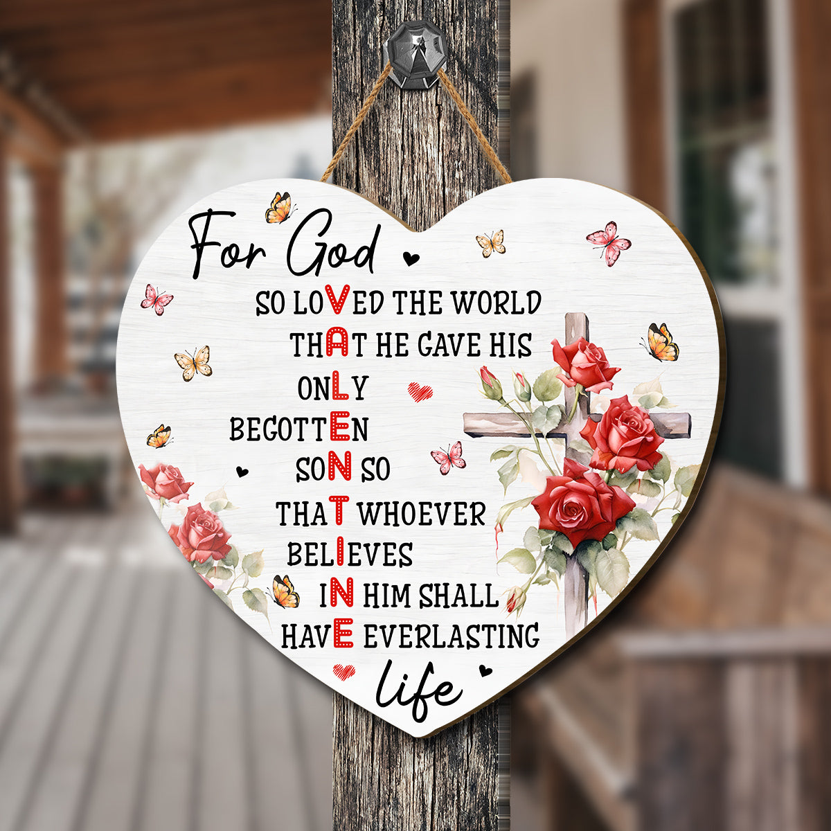 Teesdily | Jesus Christ Valentine Day Wood Sign For God So Loved The World Wood Door Sign Butterfly Valentine Day Home Decoration Christian Gifts