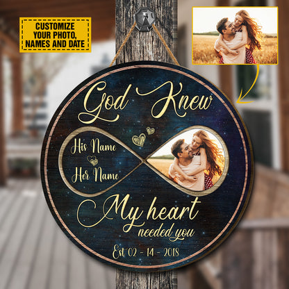 Teesdily | Couple Custom Photo Wood Sign God Know My Heart Needed You Wood Sign Galaxy Print Newly Couple Home Door Decoration Custom Gifts