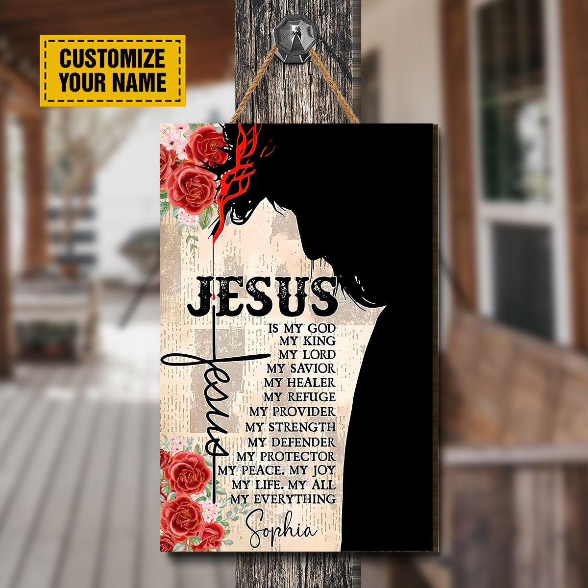 Teesdily | Jesus Portrait Customized Wood Sign Jesus Is My King Retro House Door Sign Religious Custom Gifts Christian Home Decor