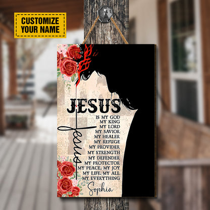 Teesdily | Jesus Portrait Customized Wood Sign Jesus Is My King Retro House Door Sign Religious Custom Gifts Christian Home Decor