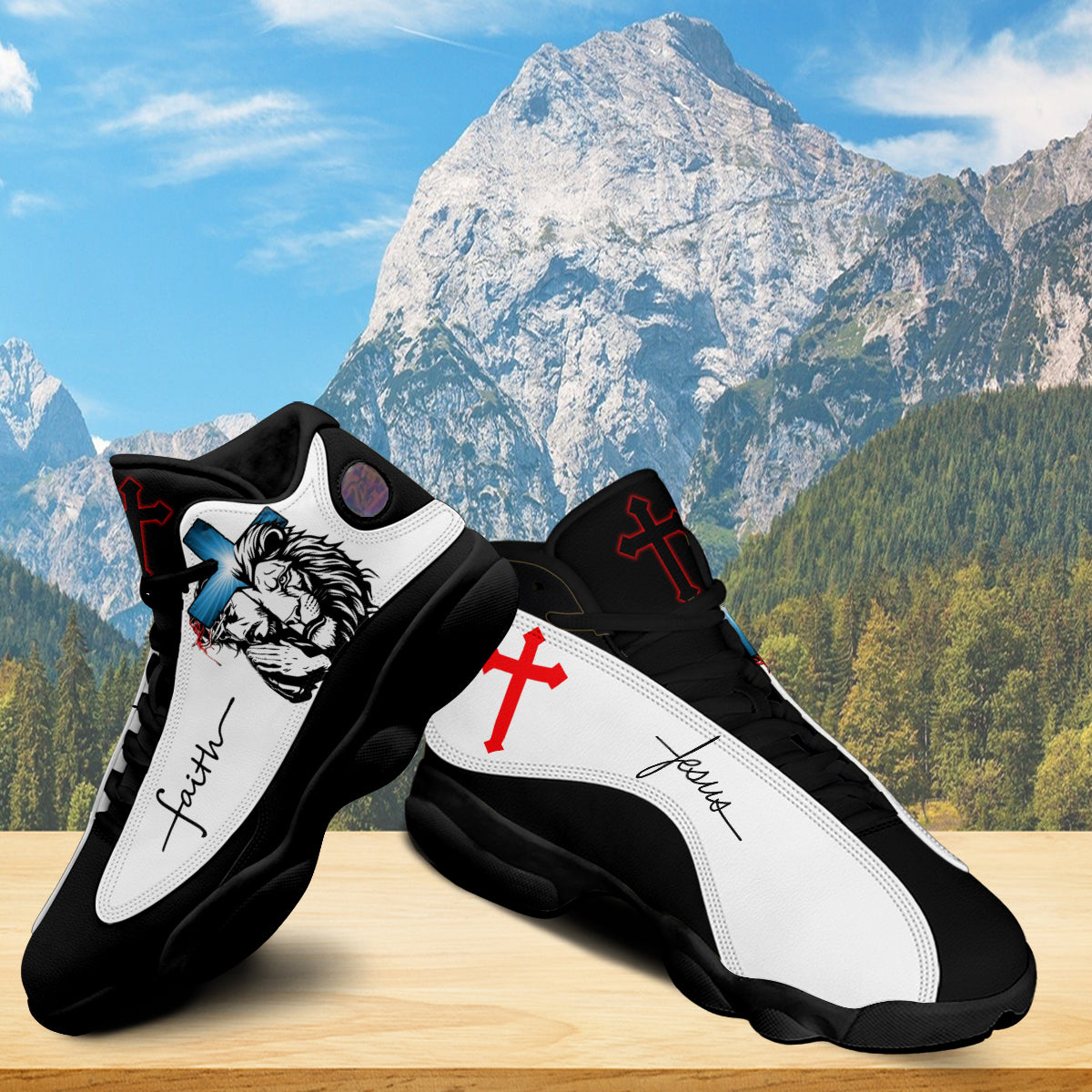 Teesdily | Jesus Lion Of Judah Art Cross Basketball Shoes, Jesus Faith Running Shoes, Christian Unisex Basketball Shoes, Faith Believers