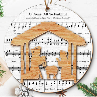 Teesdily | Jesus Nativity Scene Ornament, Music Sheet Nativity Christmas Ornament, Christ Birth 2 Layered Wood Ornament Xmas Gift