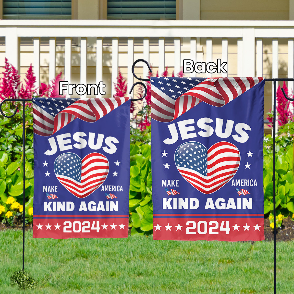 Teesdily | Jesus Make America Kind Again 2024 Garden Flag, Christian House Flag Yard Banner Outdoor Flag, Patriot Decor Home, Christ Religious Gift