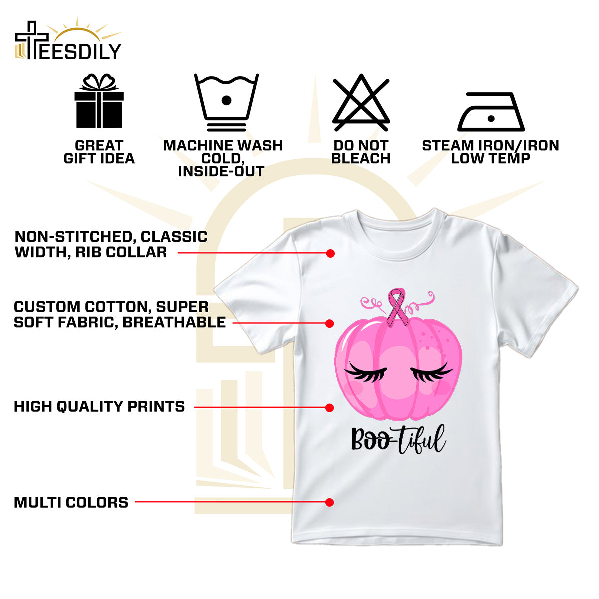 Teesdily | Pink Pumpkin Bootiful Shirt, Breast Cancer Halloween Sweatshirt, Pink Ribbon Pumpkin Cancer Fighter Hoodie Mug, Cancer Month Gift