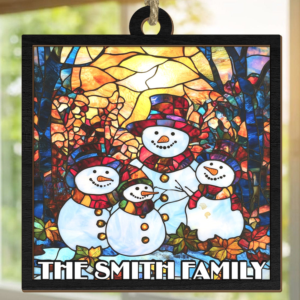 Teesdily | Customized Snowman Family Christmas Suncatcher, Christmas Snowman Stained Glass Suncatcher, Christmas Tree Decor Gift