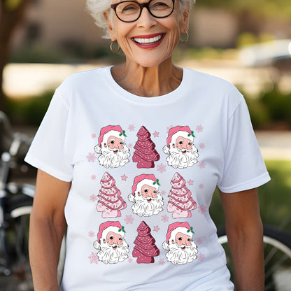 Teesdily | Santa Claus Cakes Shirt, Pink Christmas Tree Cakes Sweatshirt, Coquette Santa Cakes Hoodie, Coquette Bow Girly Mug