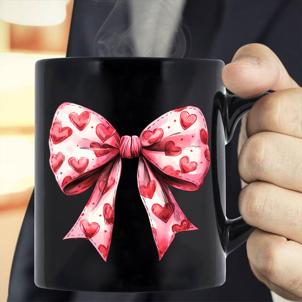 Teesdily | Valentine's Day Heart Coquette Bow Shirt, Retro Valentine Sweatshirt Mug, Coquette Bow Hoodie, Bow Valentine Mug Gift