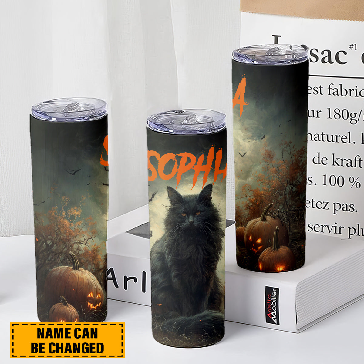 Teesdily | Customized Black Cat Pumpkin Skinny Tumbler 20oz, Halloween Cat Tumbler, Cute Halloween Cat Mug, Pumpkins Cat Tumbler, Cat Lover Gift