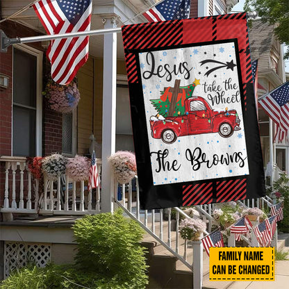 Teesdily | Customized Jesus Take The Wheel Christmas Garden Flag, Red Truck Car Christmas Tree House Flag, Christ Cross Home Flag