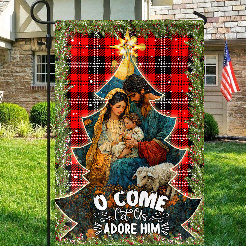 Teesdily | Holy Family Nativity Jesus Christmas Flag, O Come Let Us Adore Him Holy Night Garden Flag House Christmas Gift