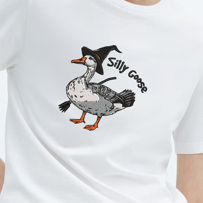 Teesdily | Halloween Goose Witch Embroidered Shirt, Silly Goose Embroidery Sweatshirt, Silly Goose On The Loose Shirt, Funny Goose Halloween Gifts