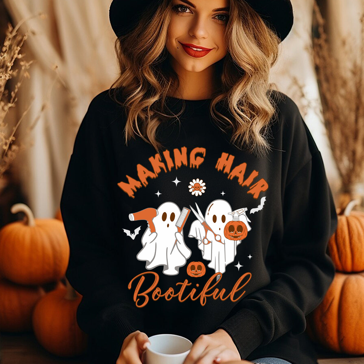 Teesdily | Hairstylist Halloween T-shirt, Making Hair Bootiful Cute Ghost Tee Sweatshirt Hoodie Mug, Halloween Hairdresser Gift, Cute Spooky Gifts