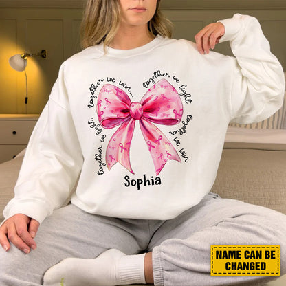 Teesdily | Custom In October We Wear Pink Shirt, Bow Coquette Breast Cancer Awareness Sweatshirt, Together We Fight We Win Hoodie Mug, Warrior Fighter