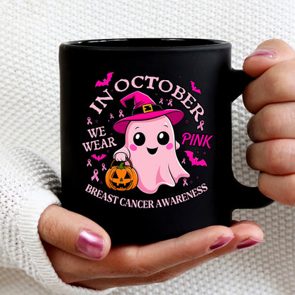 Teesdily | Cute Ghost Breast Cancer Awareness Shirt, In October We Wear Pink Tee Sweatshirt Hoodie Mug, Breast Cancer Support Warrior Gift