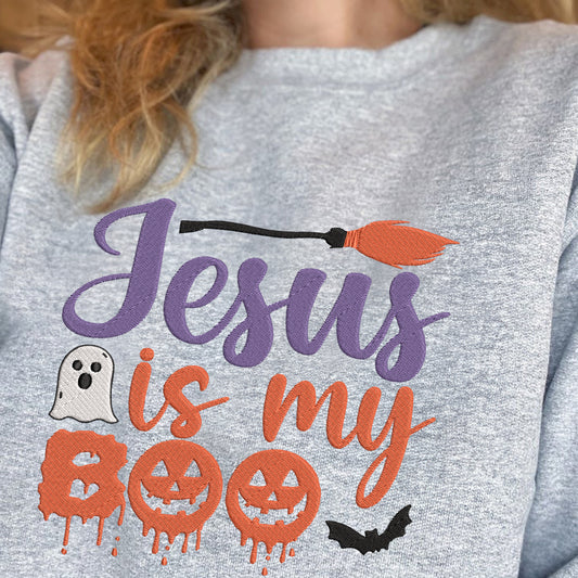 Teesdily | Jesus Is My Boo Embroidered Shirt, Christian Halloween Boo Spooky Ghost Bat Witch Embroidery Sweatshirt, Christian Fall Faith Shirt Gift