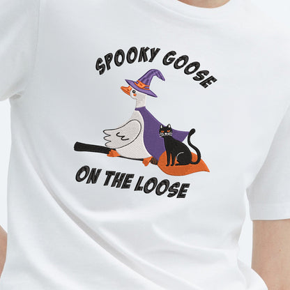 Teesdily | Halloween Witch Goose Embroidered Shirt, Spooky Goose On The Loose Sweatshirt Embroidery, Funny Goose And Black Cat Halloween Shirt Gift