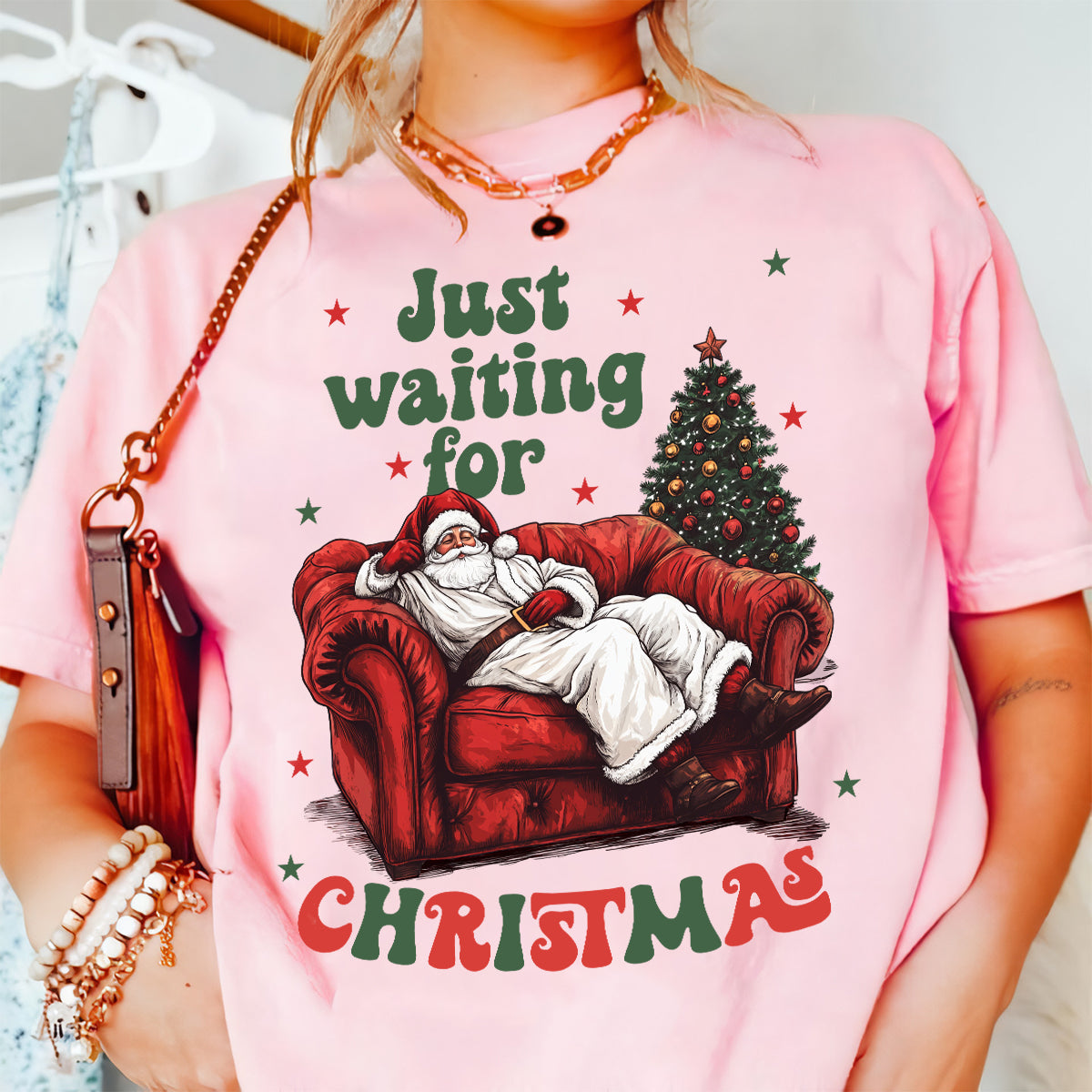 Teesdily | Just Waiting For Christmas Shirt, Santa Sofa Christmas Lights Tee 2024, Santa Claus Sweatshirt Hoodie Mug, Holiday Gift