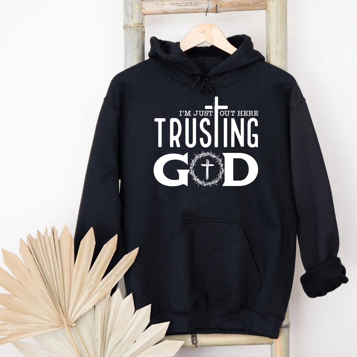 Teesdily | Jesus God Cross Crown Unisex Tshirt, I'm Just Out Here Trusting God Hoodie Sweatshirt Mug, God Believer Gift, Minimalist Streetwear Style