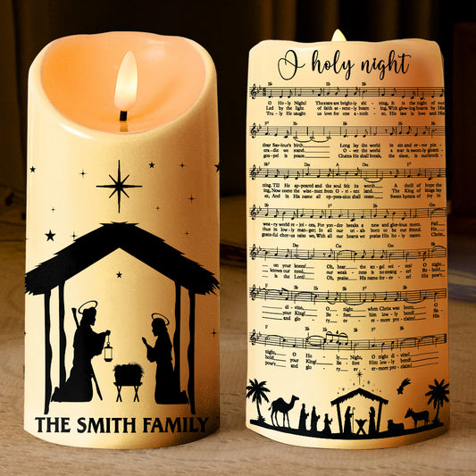 Teesdily | Custom Jesus Nativity Scene LED Candle No Battery, O Holy Night Music Sheet Nativity Christmas Decor, Religious Gift