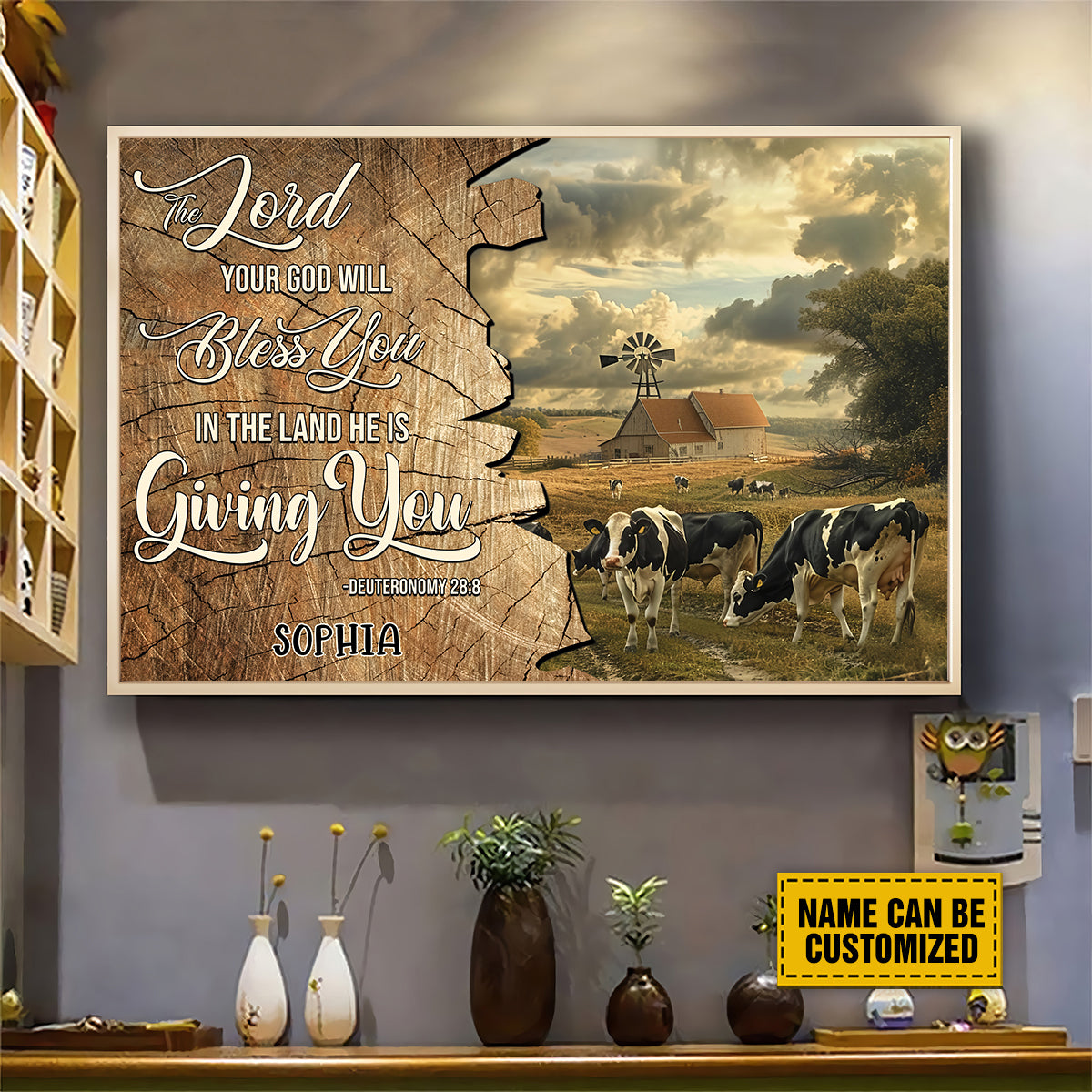 Teesdily | Personalized Dairy Cow Farming Painting Poster, The Lord Your God Will Bless You In The Land, Farmer Gift, Religious Poster Canvas