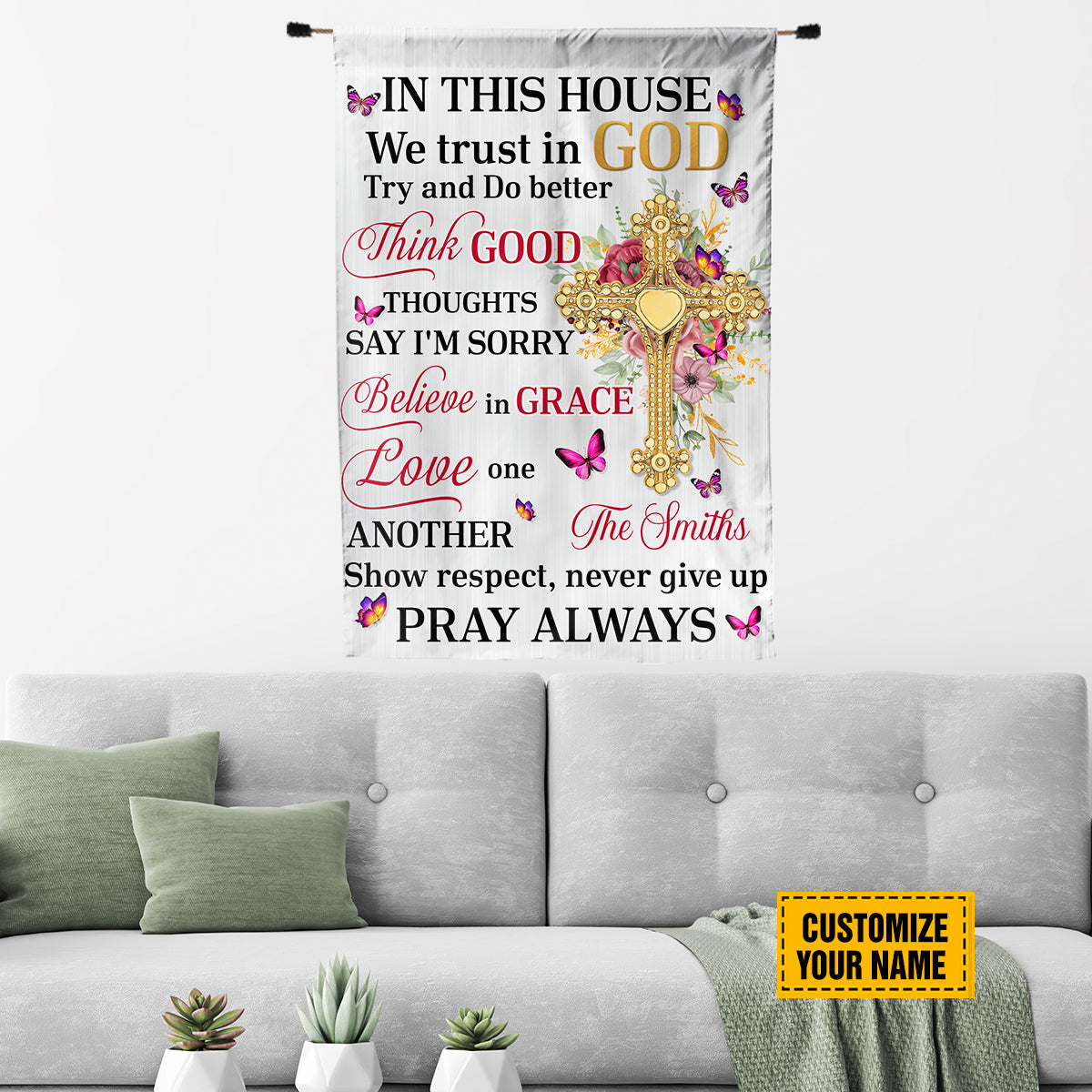 Teesdily | Jesus Cross Customized Flag In This House We Trust In God Garden Flag Butterfly Print Flag Christian Home Decor God Inspiration