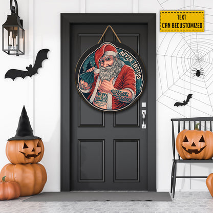 Teesdily | Custom Name Santa With Tattoo Christmas Wood Sign Tattoo Shop Decor Merry Christmas Front Door Welcome Housewarming Gifts