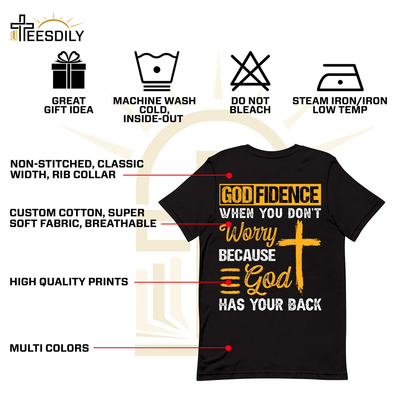 Teesdily | Jesus Cross Shirt, God Fidence When You Don't Worry Because God Has Your Back Tee Sweatshirt Hoodie Mug, Jesus Lovers Gifts, Christian Tee