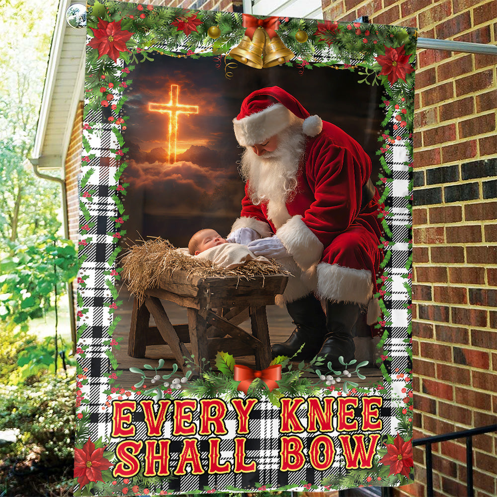 Teesdily | Santa Claus Kneeling With Baby Jesus Christmas Garden Flag, Every Knee Shall Bow House Flag, Christmas Yard Decor