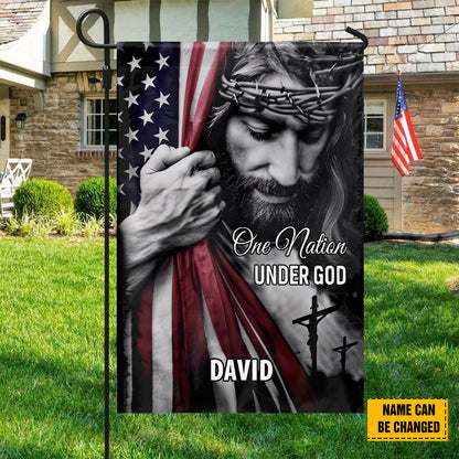 Teesdily | Personalized Jesus American Flag, One Nation Under God House Flag, God Garden Flag Decor, Jesus Lover Gifts, Christian Patriotism Gift