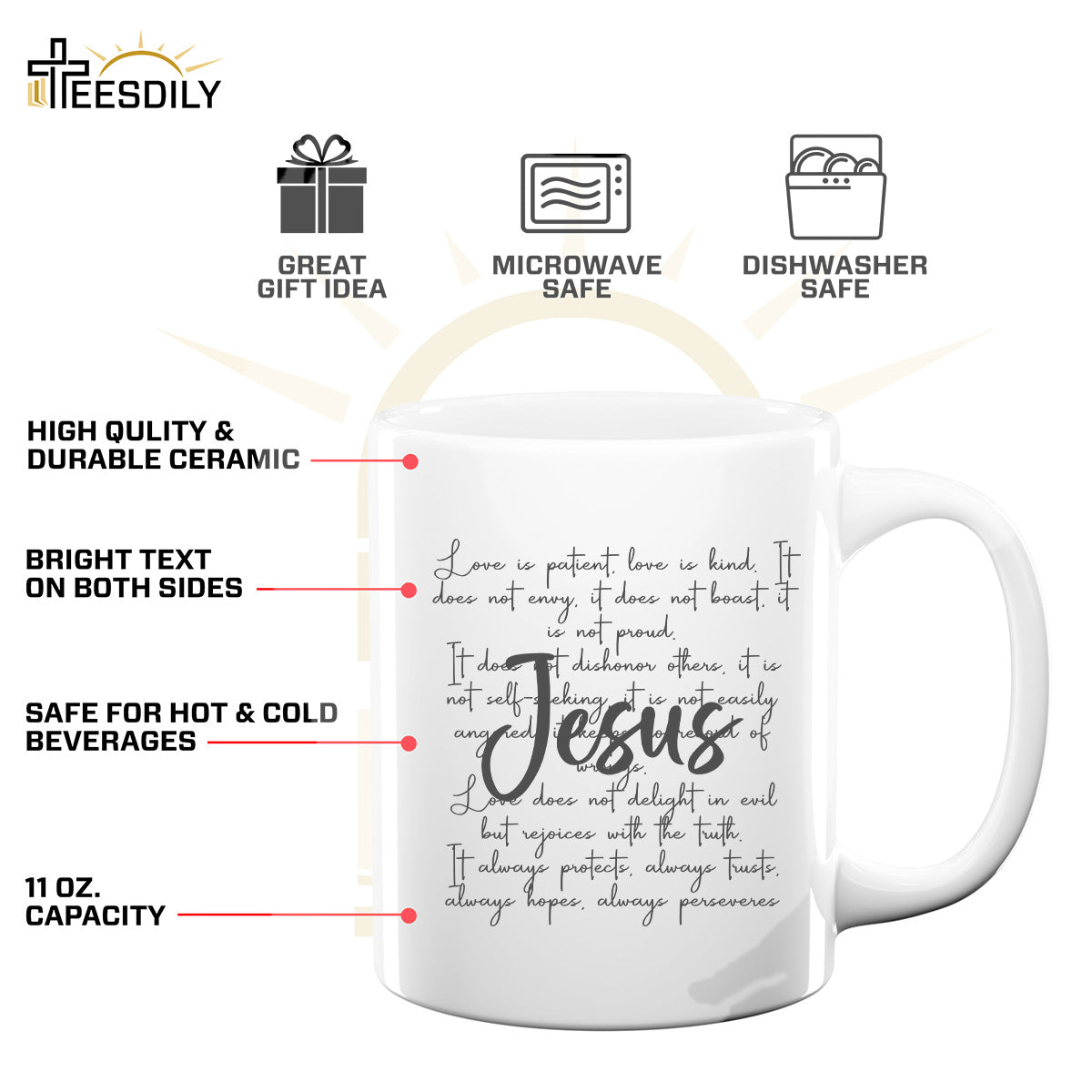 Teesdily | Jesus Christ Shirt, Love Is Patient Kind Sweatshirt Hoodie Mug, Christian Pray T-shirt, Faith Hope Love God Shirt, Jesus Lover Gifts