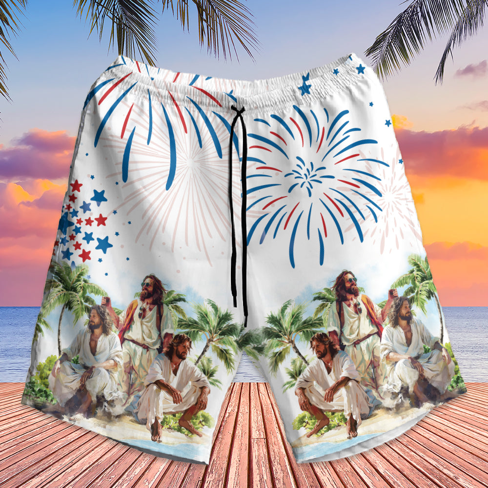 Teesdily | Customized Jesus Summer Beach Hawaiian Shirt, Happy Independence Day Hawaii Set, American Flag Patriot Aloha Outfit Summer Gift For Men