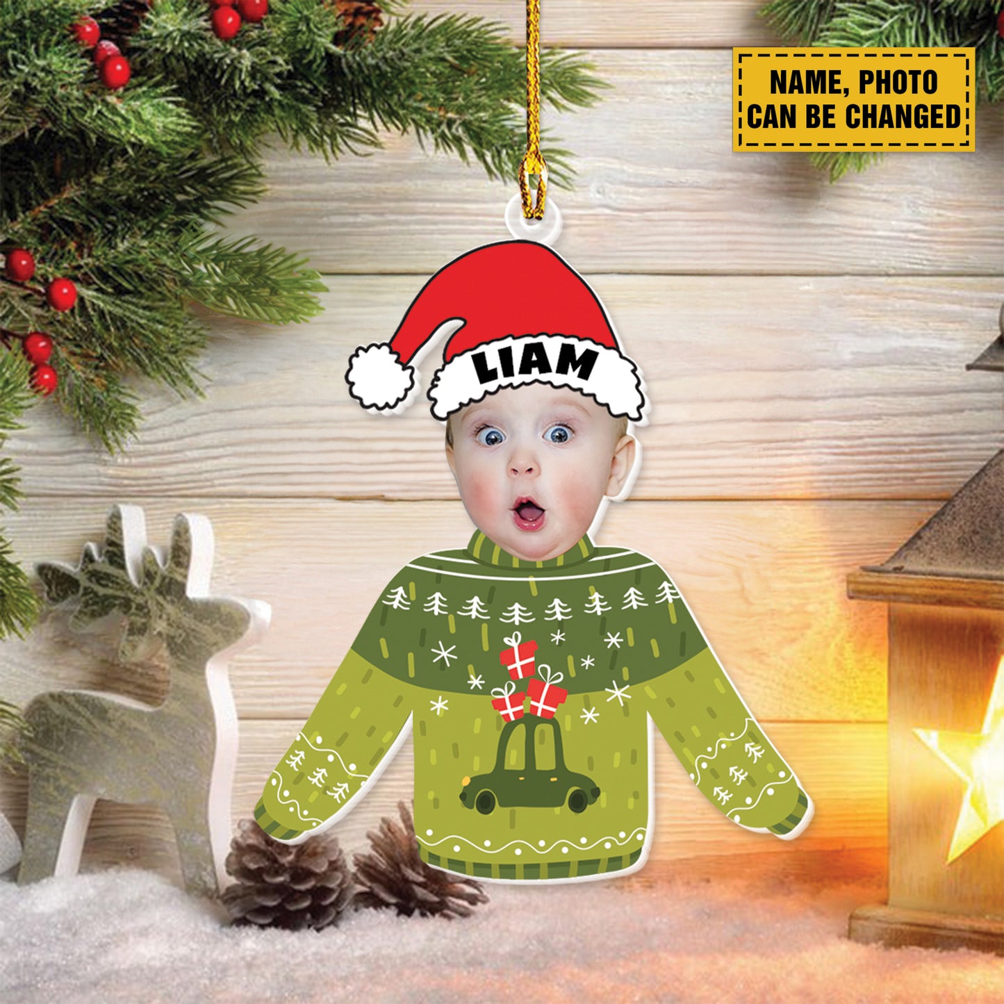 Teesdily | Customized Christmas Ugly Sweater Kid Ornament, Baby Photo Sweatshirt Ornament Christmas, Kid Hat Santa Christmas Gift