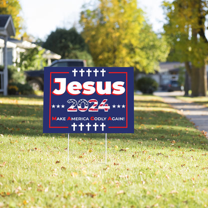 Teesdily | American Flag Yard Sign, Jesus 2024 Make American Godly Again Garden Outdoor Sign, American Flag Sign, Jesus Yard Decor, Patriot Gift