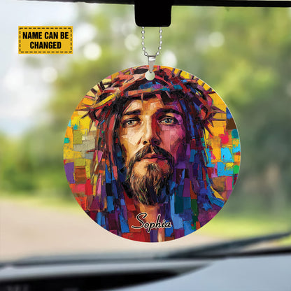 Teesdily | Custom Jesus Portrait Ornament, Christ Painting Hanger Car Rear View Mirror Ornament, Church Religious Acrylic Ornament, Jesus Lover Gift