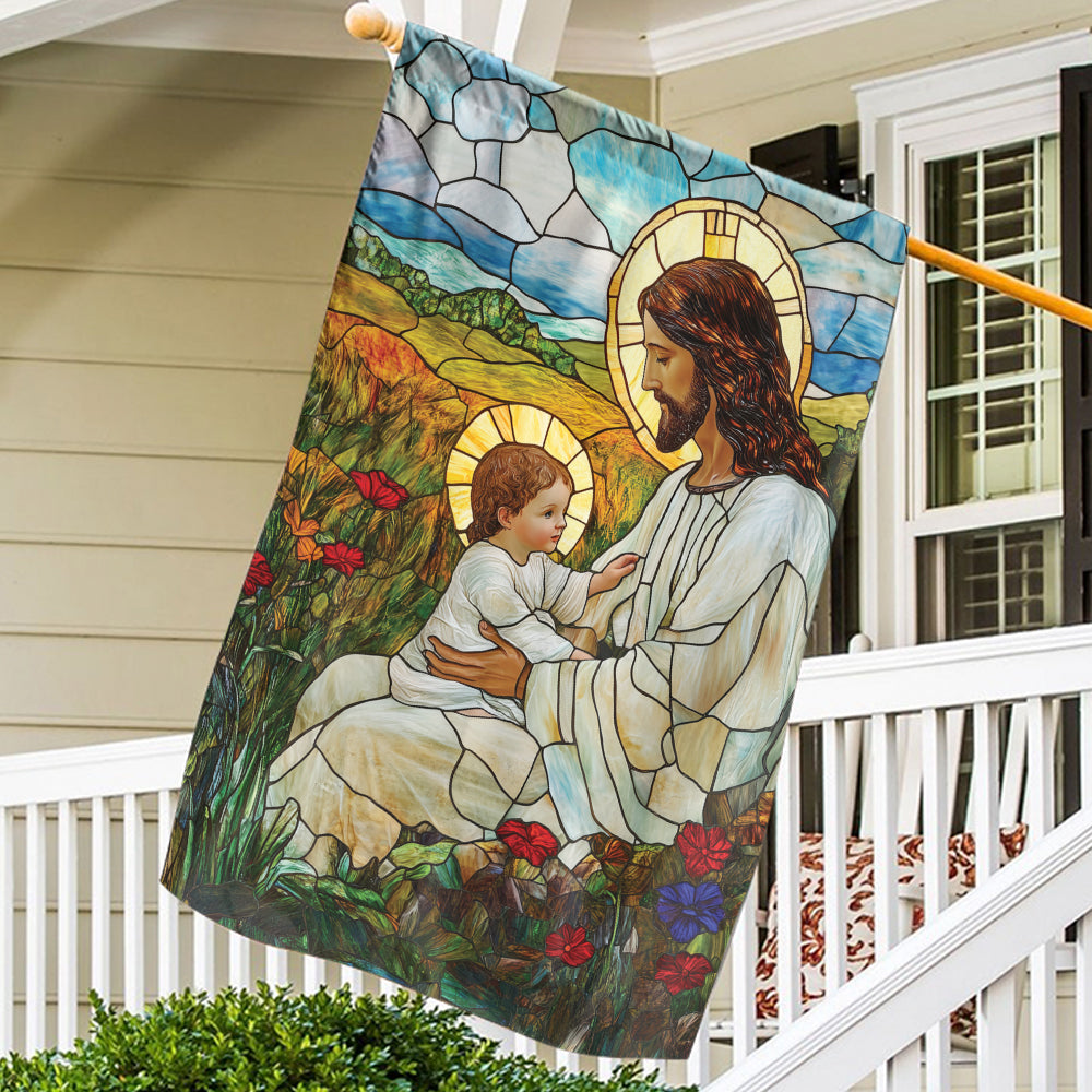 Teesdily | Jesus Blessing The Children Garden Flag, God With Children Flower Stained Glass Printed Flag Yard, Christmas House Flag