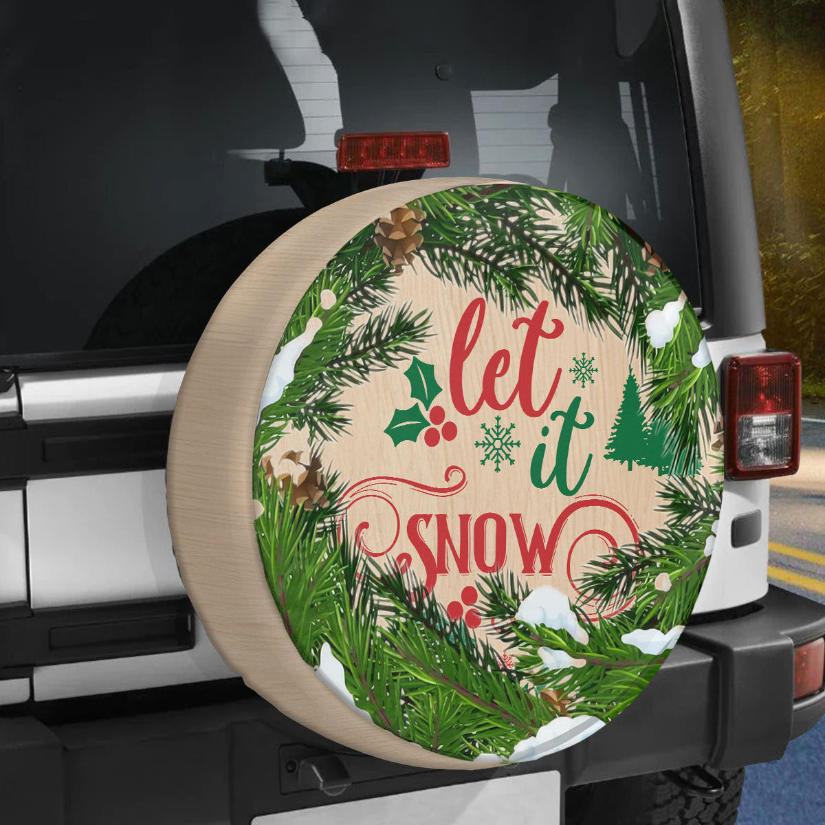 Teesdily | Let It Snow Car Spare Tire Cover, Christmas Wreath Tire Protector, Xmas Tree Snow Car Wheel Cover, Car Decoration, Christmas Gift For Dad