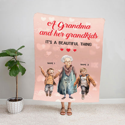 Teesdily | Customized Mothers Day Fleece Blanket Grandma And Her Grandkids It's A Beautiful Thing Throw Blanket Grandmother Family Keepsake Gifts