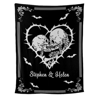 Teesdily | Personalized Skeleton Couple Blanket Together Forever Fleece Blanket Halloween Goth Couple Halloween Gift Personalized Skull Gothic