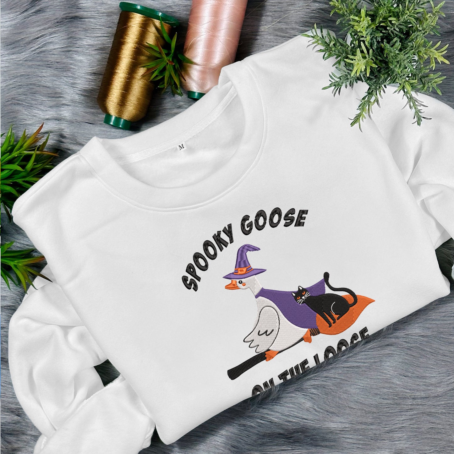 Teesdily | Halloween Witch Goose Embroidered Shirt, Spooky Goose On The Loose Sweatshirt Embroidery, Funny Goose And Black Cat Halloween Shirt Gift