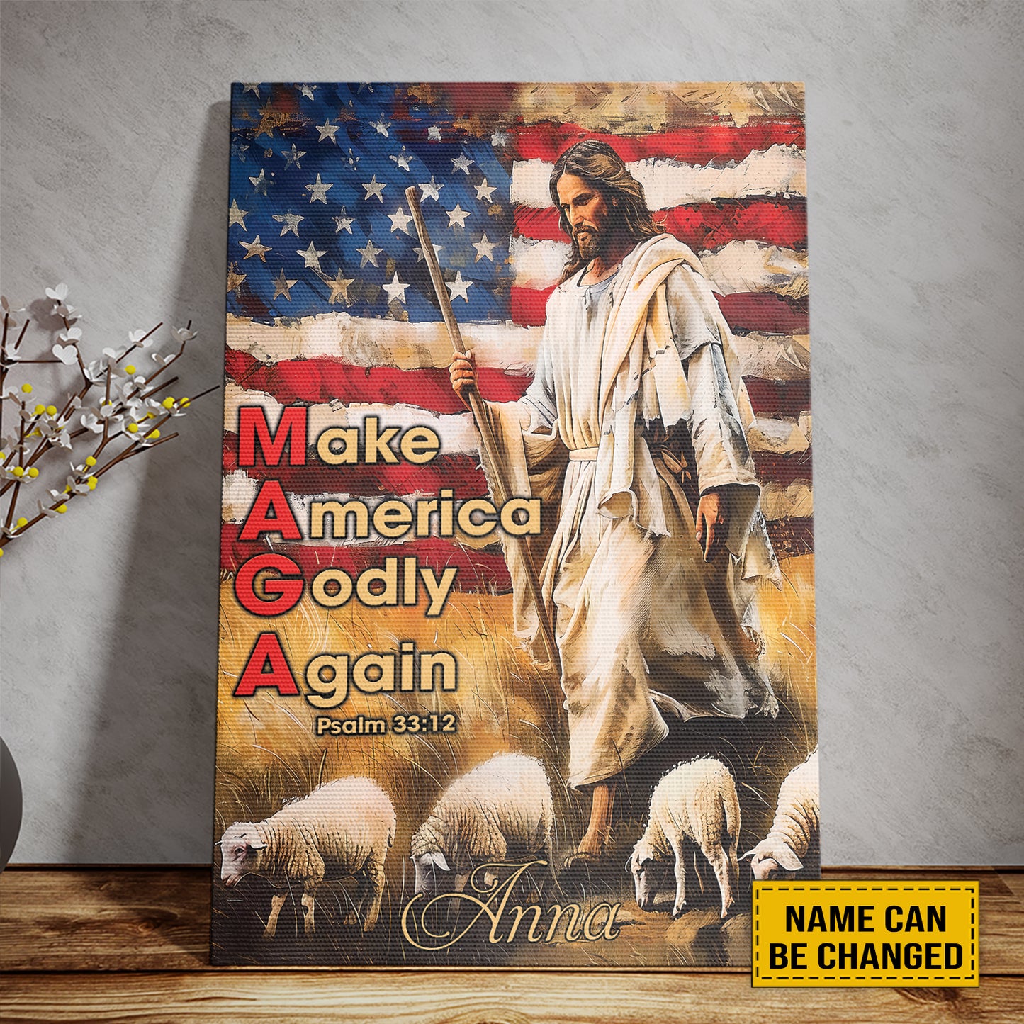 Teesdily | Customized Jesus And Lamb Poster, Make America Godly Again American Flag Poster, Gift For Jesus Lovers, Religious Poster Canvas