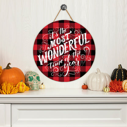 Teesdily | It's The Most Wonderful Time Of The Year Christmas Quote Wood Sign Plaid Pattern Round Home Sign House Office Decor Christmas Gift