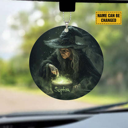 Teesdily | Customized Witch Halloween Ornament Car Hanging, Pumpkin Pot Of Poison Car Rear View Mirror Accessories, Retro Halloween Decorations