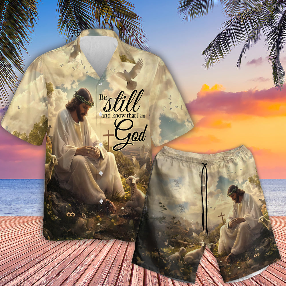 Teesdily | Jesus And Lamb Of God Hawaiian Shirt, Be Still & Know That I Am God Hawaii Shirt, Christian Cross Aloha Hawaii Set, Button Shirt, Dad Gift