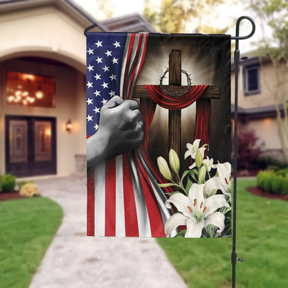 Teesdily | Jesus Cross Hand Pull American Flag, Christ Cross Lily Garden Flag, Christian Home Outdoor Decoration, God Believer House Flag Decor